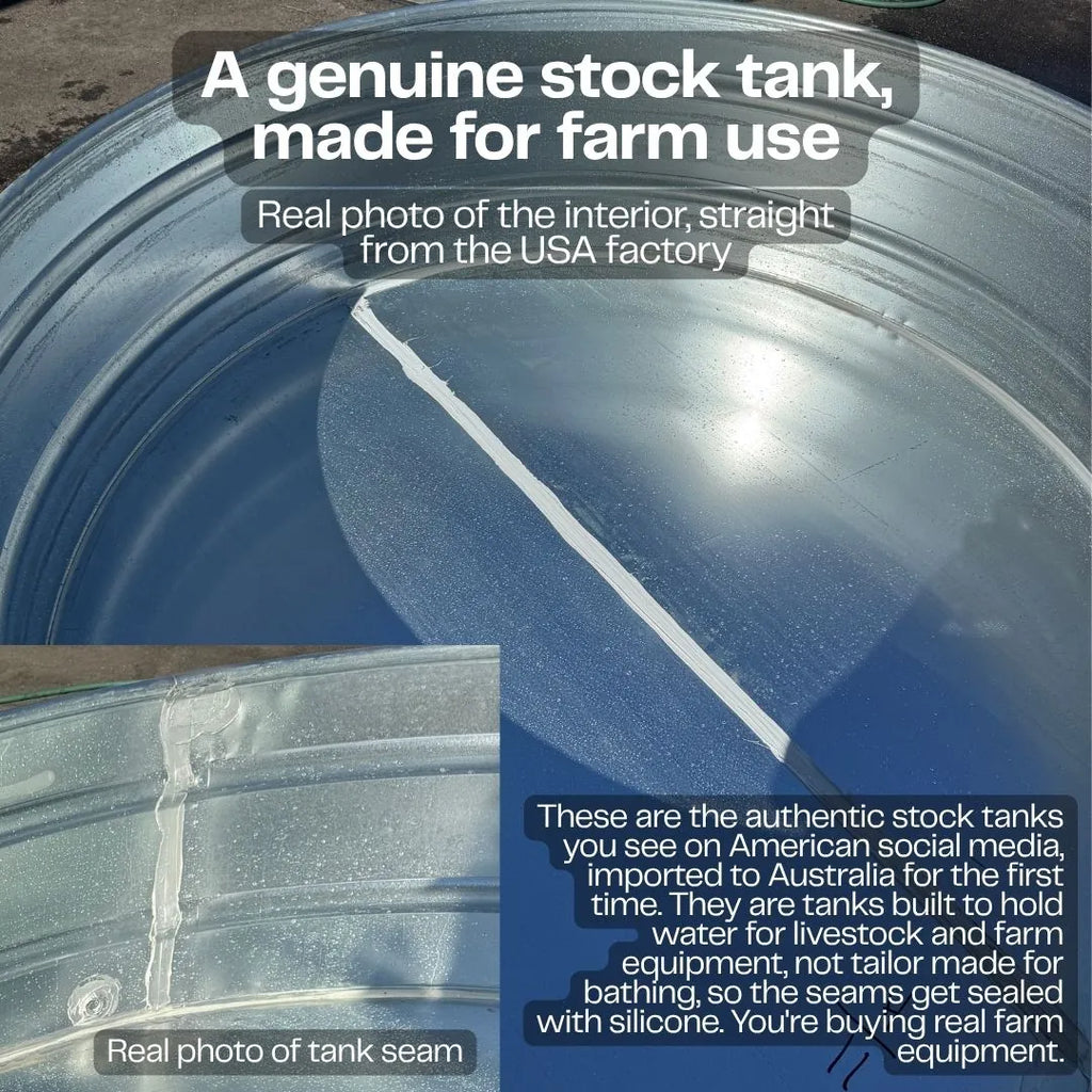 Real photo of a genuine USA-made galvanised stock tank interior and sealed seam