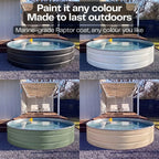 Stock tank plunge pool in four Raptor coating colours: matte black, matte white, olive green and sandstone