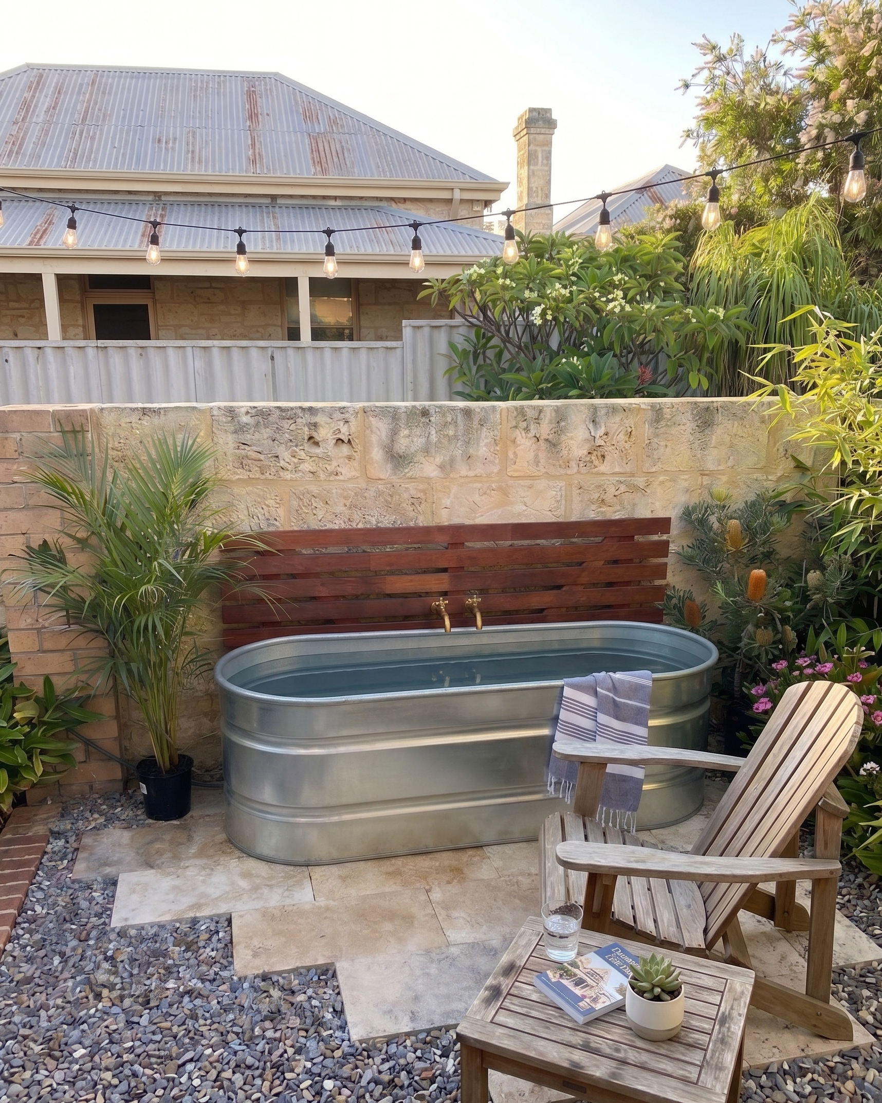 Outdoor setting with a metal bathtub, chair, and table in a garden.