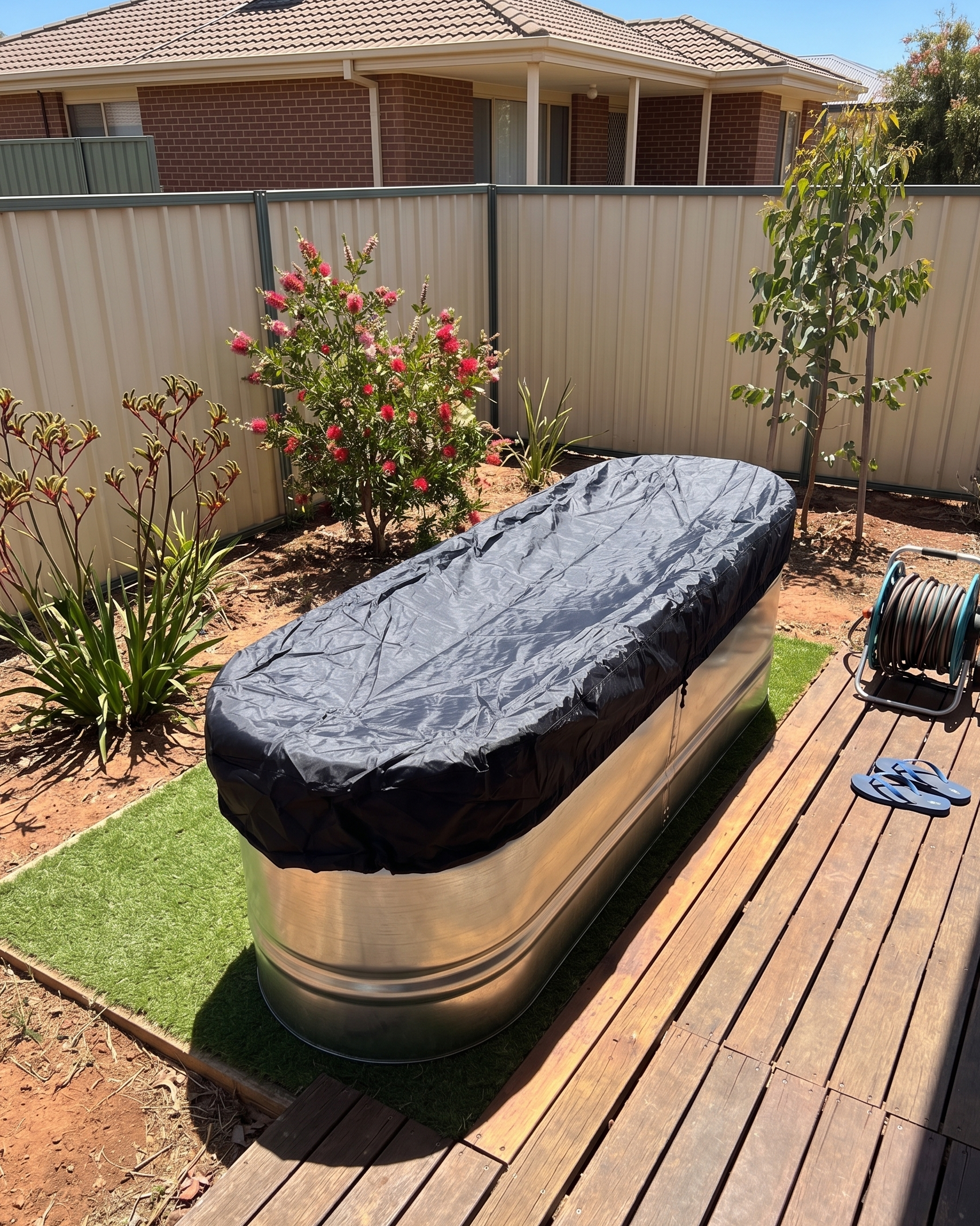 Metal stock tank with a black cover on a wooden deck in a backyard setting