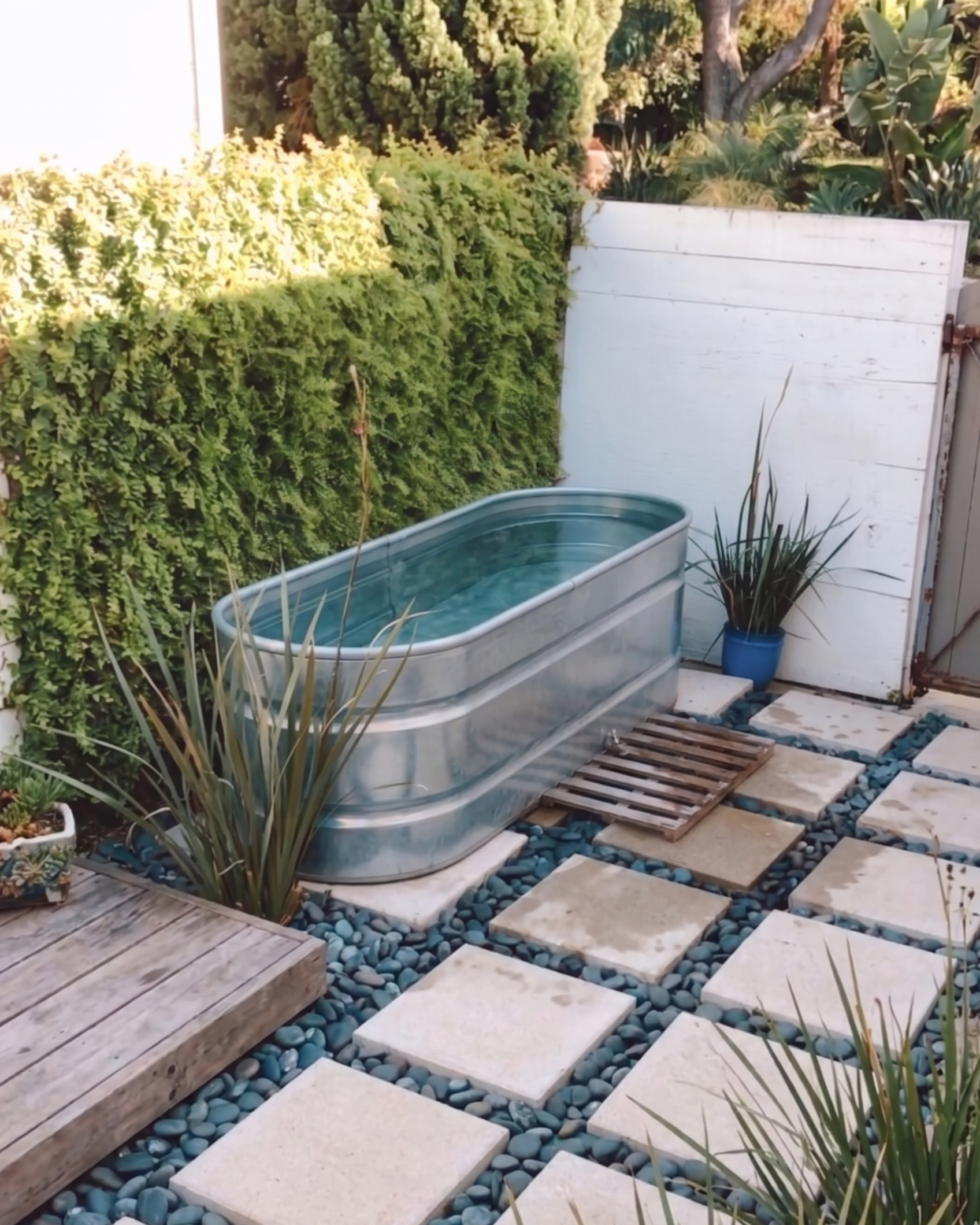Outdoor setting with a metal bathtub on a stone patio surrounded by plants and greenery.