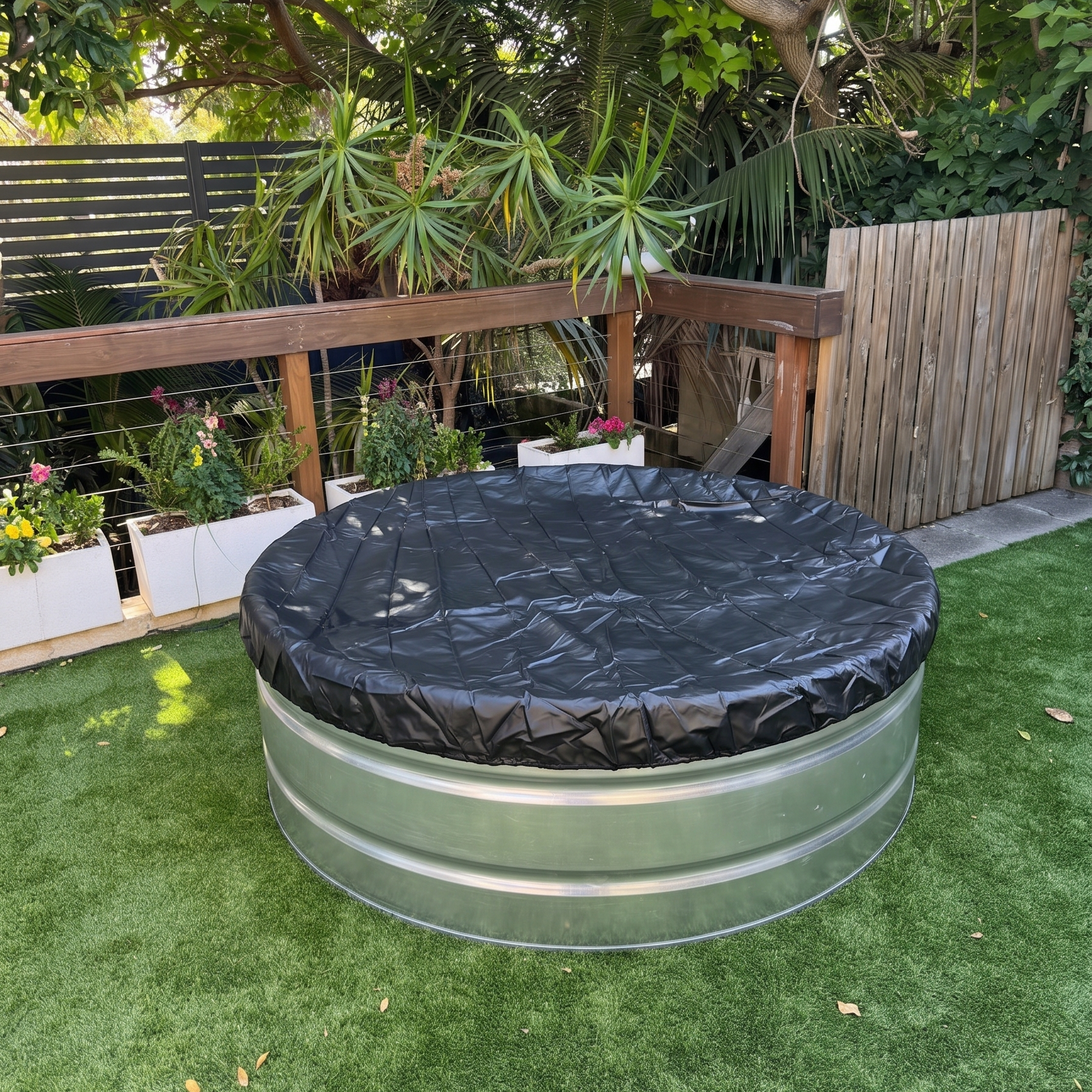 Stock tank pool in backyard with cover