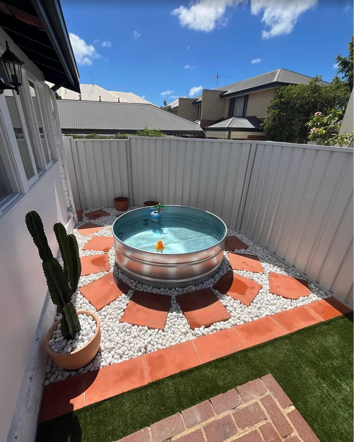 Backyard with a stock tank pool and cactus plant on a sunny day.