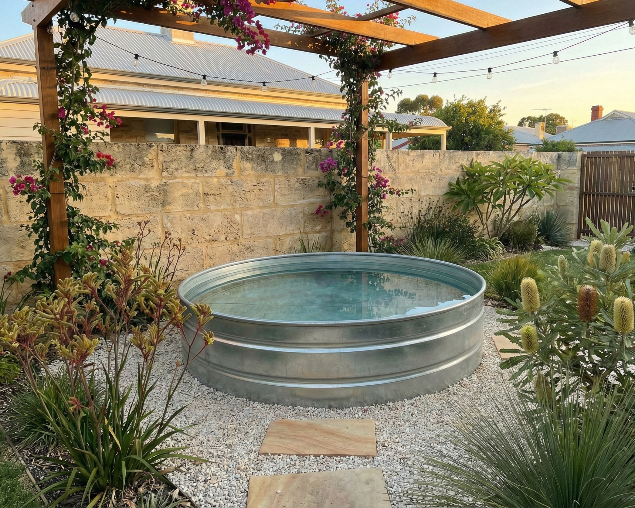 stock tank pool in a garden setting with a wooden pergola and plants.