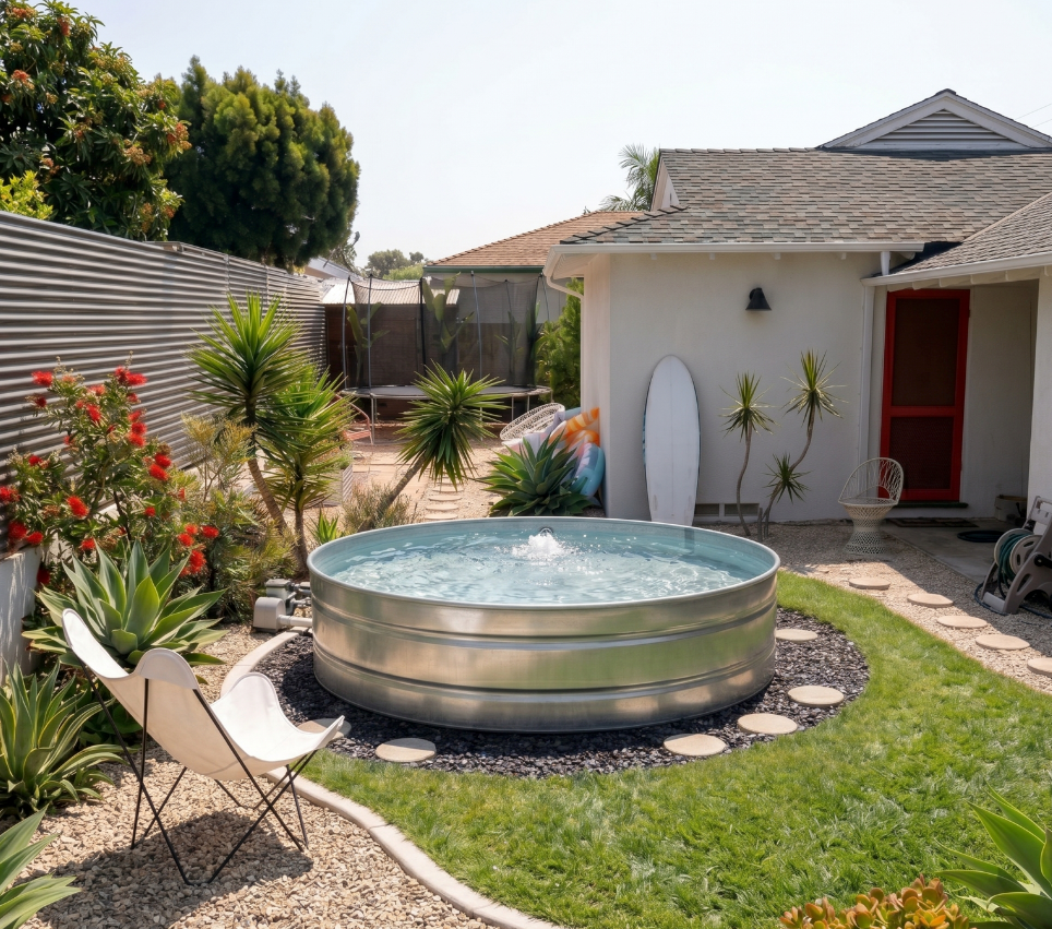 Large stock tank pool converted into a pool in a backyard setting with plants and chairs.