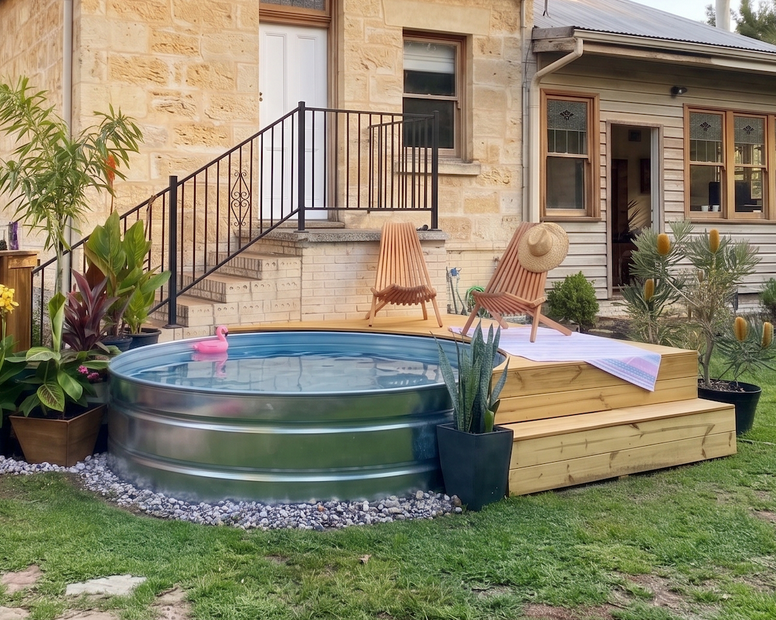 Small stock tank pool in a backyard with a house in the background