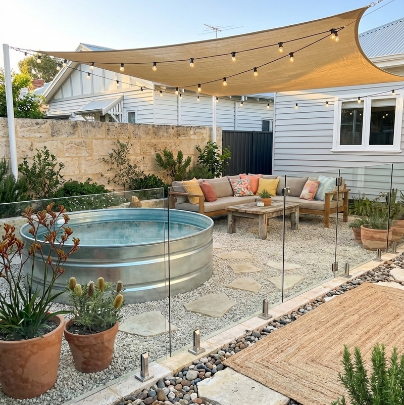 Backyard with outdoor furniture, stock tank pool, and shade sail under a clear sky