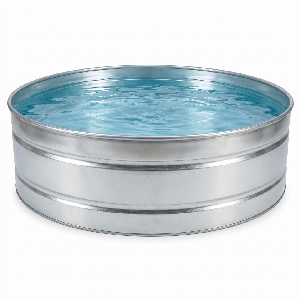 Galvanised stock tank plunge pool with clear water