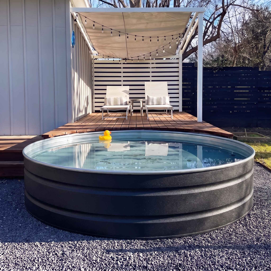 Matte black Raptor coated stock tank plunge pool