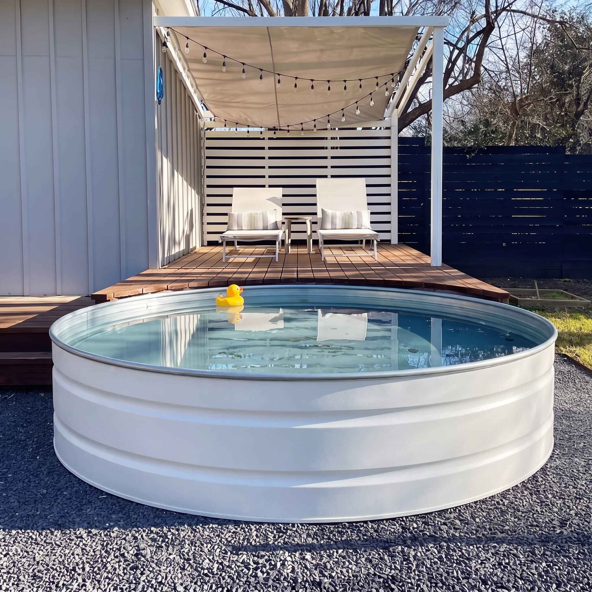Matte white Raptor coated stock tank plunge pool