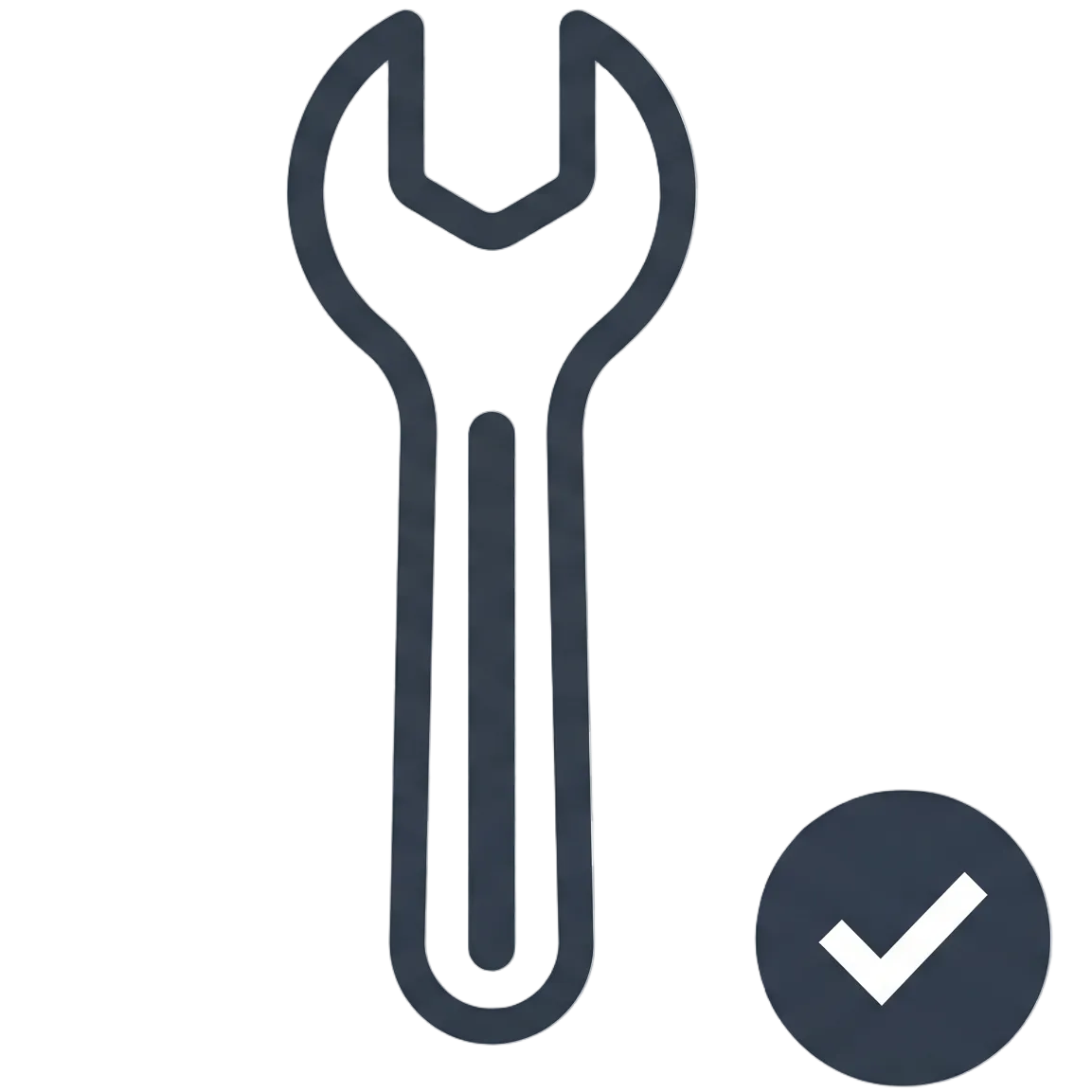 Wrench icon with a check mark on a transparent background