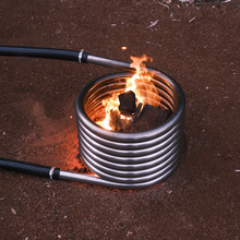 Off grid wood fired coil kit with fire close up
