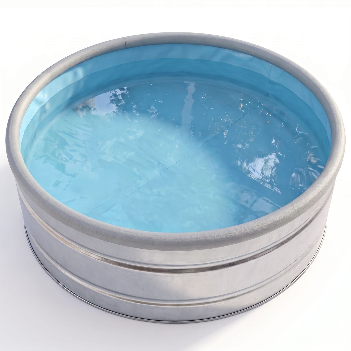 Stock tank plunge pool fitted with a light blue premium vinyl pool liner